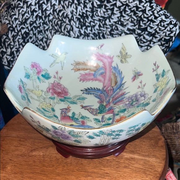 Vintage Chinese Satsuma Bowl Birds Of Paradise with Wood Stand - Picture 9 of 14